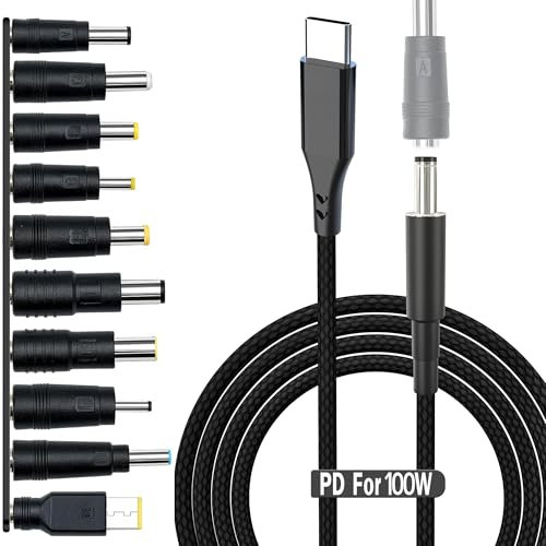 USB C to DC Adapter,Universal Charger Supply 100W PD Power Cable & 5.5x2.1mm Round Barrel Jack,with 10PCS Power Plug Kit,for Toshiba Samsung Acer Asus Lenovo Dell HP Laptop Charging Connector