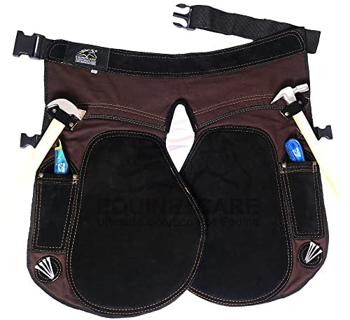 Equine Care Farrier Schürze Chaps – 2 mm Rindsleder, 500 g/m² Canvas, 58,4 cm Länge, verstellbare Taille (71,1–132,1 cm), beidhändige Messertaschen, Magnete und Schlaufen – Hufeisen und