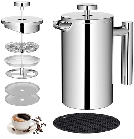 Eidoct Stainless Steel Double Wall Heat Resistant Coffee Press, French Press Cafetiere 350ml, 3 Level Filter Double-Walled Insulated Stainless, Double Walled Insulation, for Home and Office (350ml)