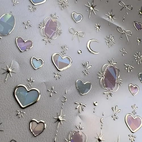 Calkkrer 2 Stück Elegante Goldene Sternen Mond Nagel Sticker, 3D Selbstklebende Nagel Aufkleber, Glänzende Bow Knot Nagel Dekorationen, Nailart Zubehör, Nagelkunst Aufkleber