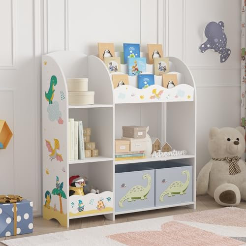 [en.casa] Kinderregal Lysekil Bücherregal für Kinder mit 2 Aufbewahrungsboxen Spielzeugregal 100 x 93 x 30 cm Spielzeug Aufbewahrung Dinosaurier Motiv