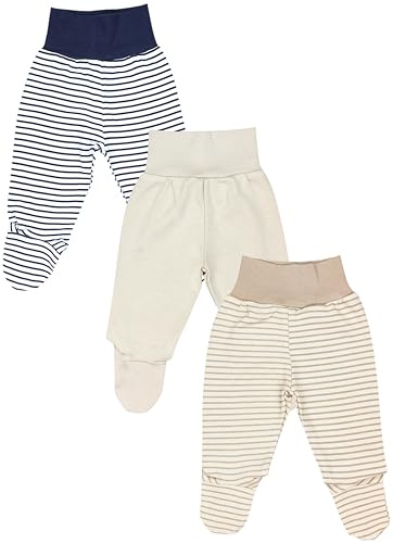 TupTam Baby Mädchen Strampelhose Hose mit Fuß 3er Pack, Farbe: Blau Beigen Streifen Beige Uni, Größe: 50