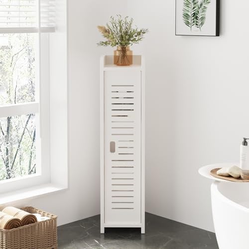 Dripex 4 Tier Bathroom Floor Cabinet, Slim White Storage Cabinet with Door, Narrow Free Standing Cupboards Adjustable Shelves for Bathroom, Bedroom or Balcony (Door Style 2)