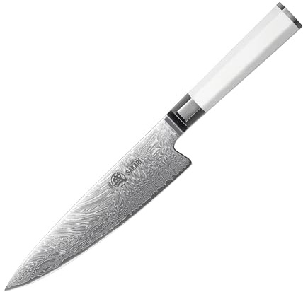 MITSUMOTO SAKARI 20 cm Gyuto Japanisches Küchenmesser, VG-Pro Pulverstahl | 67-Lagiges Damaszener Küchenmesser, Professionell Handgeschmiedetes Kochmesser, G10-Griff und Exquisite Holzkiste