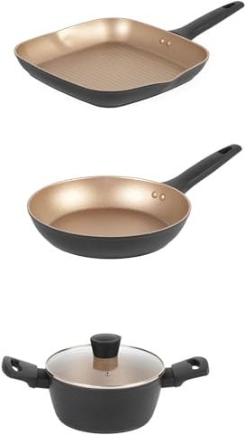 Russell Hobbs Opulence 3-Piece Pan Set – 28 cm Grill Pan, 24 cm Frying Pan & 20 cm Stockpot, Non-Stick Coating, Induction Suitable, Durable Forged Aluminium, PFOA-Free, Dishwasher Safe, Black/Gold
