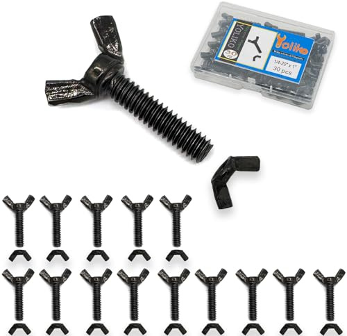 Yoliko 30 Pcs Black Zinc Coated 1/4-20 x1 Wing Screw Bolts and Wing Nuts Kit Hand Twist Tighten Wing Head Butterfly Screws and Nut Fasteners Assorted Kit
