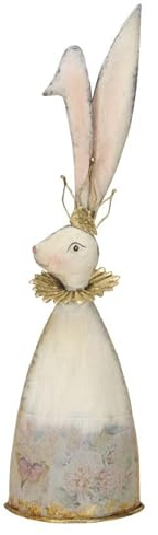 Posiwio dekorative Flache Silhouette als Osterhase aus Metall mit extralangen Ohren in weiß pastellfarbigem Kleid mit goldenem Kragen und Goldener Krone
