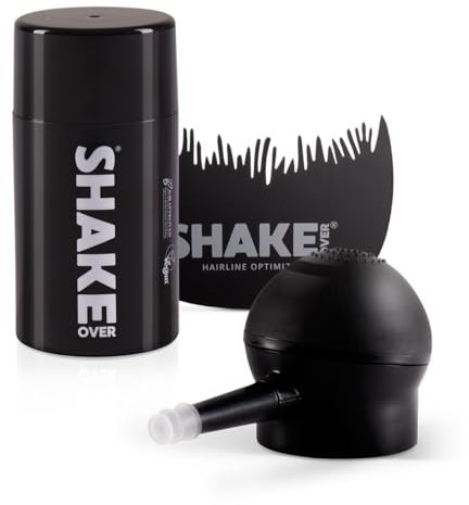 SHAKE OVER Stylingset Veganes Streuhaar zur Haarverdichtung, mit Zink angereicherte Fasern, hochwertiges Schütthaar, Made in Europe (12 g, DARK BLONDE, Spray Applicator und Hairline Optimizer)