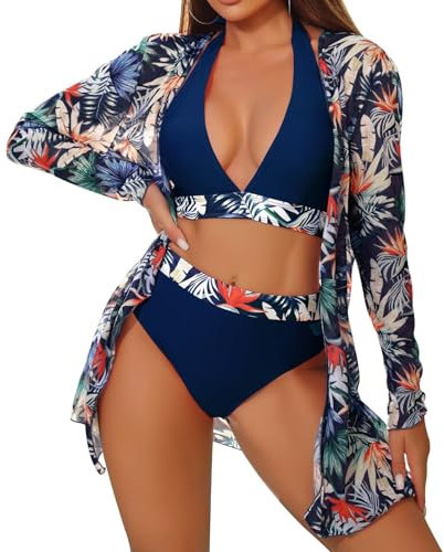 TERODACO 3 Piece Womens Bikini Sets Halter Neck Removable Padded Swimming Costume Women Soft Quick Dry Cover Ups for Ladies Beachwear Swimsuit Bathing Suit,Seamless Lightweight 6011 Navy XL