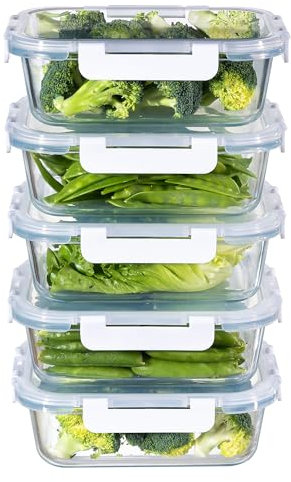 MFY 5 Pack 36oz Glass Containers with Lids, Reusable Meal Prep Containers, Airtight Glass Food Storage Containers with Lids, BPA-free, Microwave, Oven, Freezer & Dishwasher Safe, White
