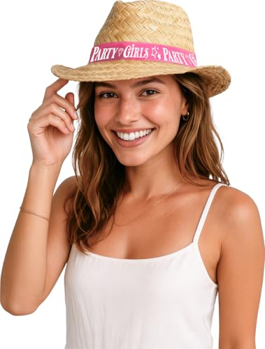 FIESTAS GUIRCA | Party Girls Strohhut für Erwachsene - Partyhut für Junggesellinnenabschiede, Karneval und Feiern - Kostümzubehör für Frauen - Beige und Rosa
