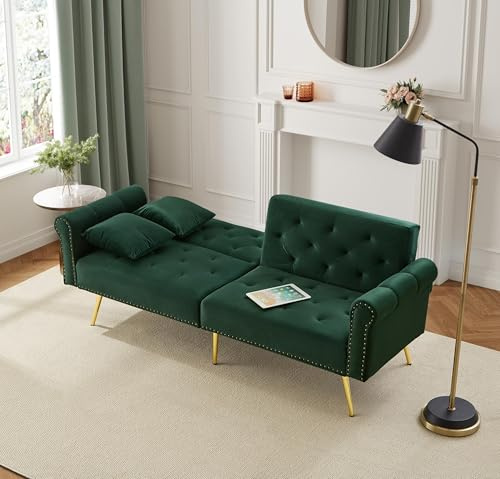 Azkoeesy Elegante divano letto a 2 posti, rivestito in velluto, 178 cm, con 3 livelli di regolazione, gambe in metallo dorato, 2 cuscini, rifinito con rivetti (verde anticato)