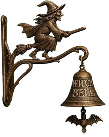 Vintage Halloween Witch Doorbell - Cast Iron Halloween Door Hanger Bell With Witch On Broom, Outdoor Decorative Bell For Porch, Garden, Front Door, Garden,Gothic Home Decor, 12x18cm