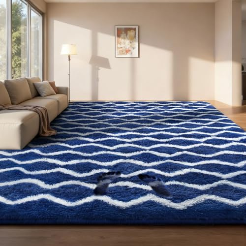 Sour Lemon Teppiche für Wohnzimmer, 120 x 160 cm, blau und weiß gestreift, rutschfest, extra groß, zottelig, flauschiger Teppich, modern, waschbar, Bodenteppiche für Lounge, Nachttisch für