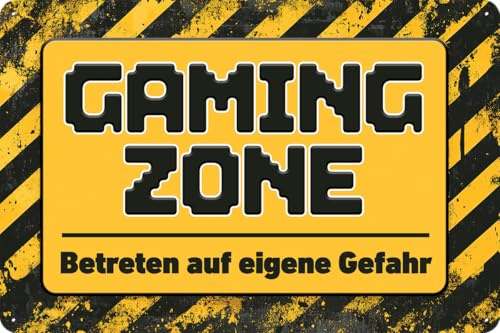 Retro Blechschild, Hinweis Schild für Gamer und das Gaming Zimmer – GAMING ZONE, Betreten auf eigene Gefahr! – 20 x 30 cm
