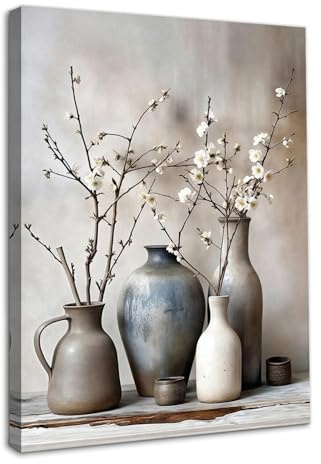 Dazzlewall Vintage Keramikvase Blumen Wandbilder, Rustikale Farmhouse Blumen Pflanzen Leinwand Bilder für Wohnzimmer Schlafzimmer Deko 30×40 cm Mit Rahmen