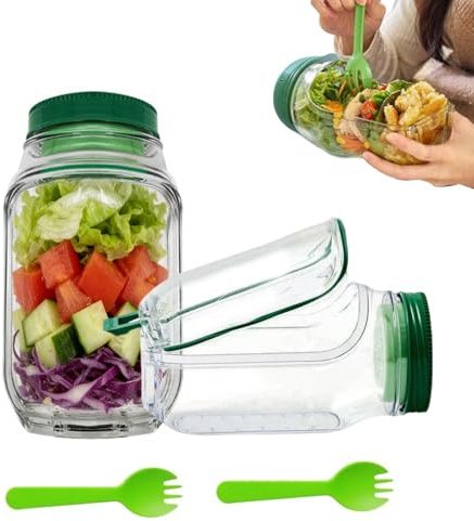 BRTNUP 2 recipientes de ensalada con tenedores, cápsulas de ensalada de capas verticales con estuche a prueba de fugas, diseño de cuenco integrado, tarro de ensalada con apertura lateral, recipientes