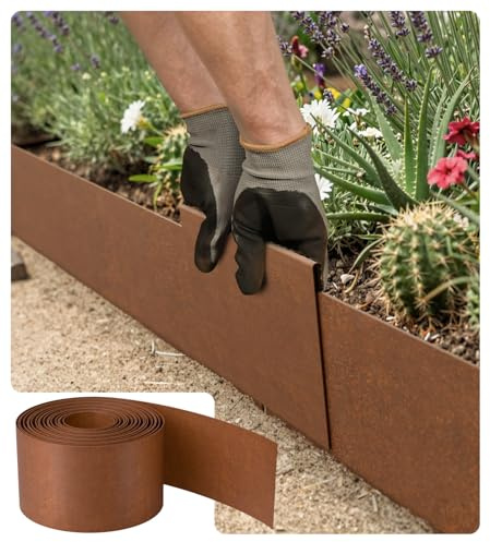Corten Stahl Rasenkante 5 Meter – Metall-Garteneinfassung 15 cm hoch, Dicke 0,6 mm – Stahlkante für Rasenflächen, Metall-Rasenkante, inkl. Inklusive einem Paar Handschuhe und einem Metallverbinder