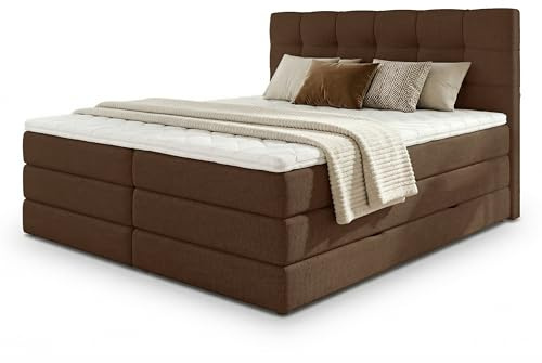 Sofnet Boxspringbett Best XL mit 2 Bettkästen und Topper, mit Taschenfederkern- und Bonellfederkernmatratze, Doppelbett, Polsterbett aus Webstoff mit Stauraum (Braun (Inari 24), 180 x 200 cm)