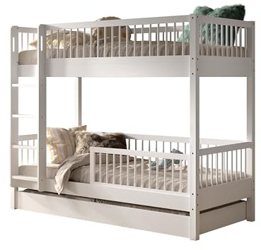 möbelando VIPACK Etagenbett Buche Massiv Weiß – 2 Liegeflächen 90x200 cm, inkl. Absturzschutz, Bettschublade & Rolllattenrost – FSC®-Zertifiziert, Kinderbett ab 6 Jahren