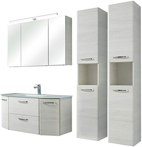 Pelipal - Amora 13 - Badmöbel-Set - 112 cm - 5-teilig Badset Komplettset mit Spiegelschrank Glas-Waschtisch usw. in Eiche weiß quer NB