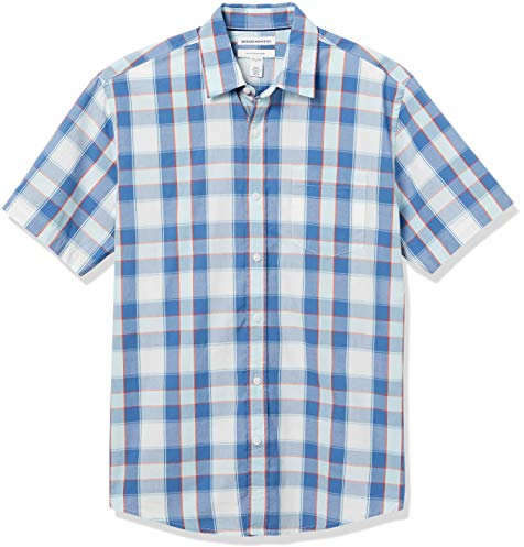 Amazon Essentials Men's Regular-Fit Short-Sleeve Poplin Shirt, Blue Checked, M