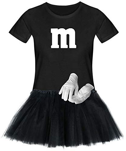 T-Shirt M&M + Tüllrock Karneval Gruppenkostüm Schokolinse 11 Farben Damen XS-3XL Fasching Verkleidung M's Fans Tanzgruppe, Gr.:3XL, Farbauswahl:schwarz - Logo Weiss (+Handschuhe Weiss/Tütü schwarz)