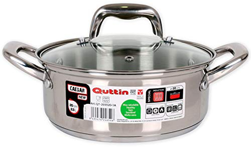 Quttin New Caesar - Cacerola Profesional Induccion, Cocina y Horno, Cazuela Pequeña, Acero Inoxidable Antiadherente, Tapa Cristal y Asas, 20 cm/2,5 L