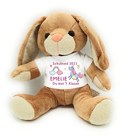 Kilala Kuscheltier Hase klein, Schulkind Plüschtier, mit Wunschname personalisierbar, Einhorn mit Regenbogen, Geschenk für Schultüte Einschulung Mädchen Jungen