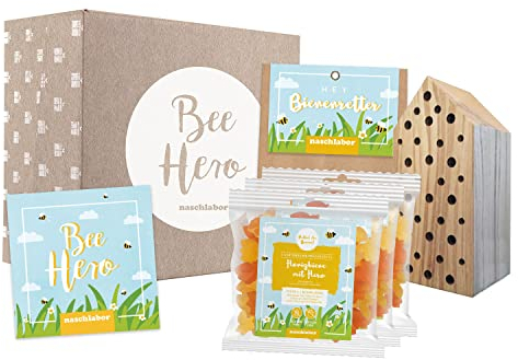 naschlabor Bienen-Box | Honigbiene mit Herz Fruchtgummi | Naschen und Gutes tun: 1 Tüte = 1 Blühfläche | Rettet die Bienen (Bienen-Box + Nistblock) | Bienen retten