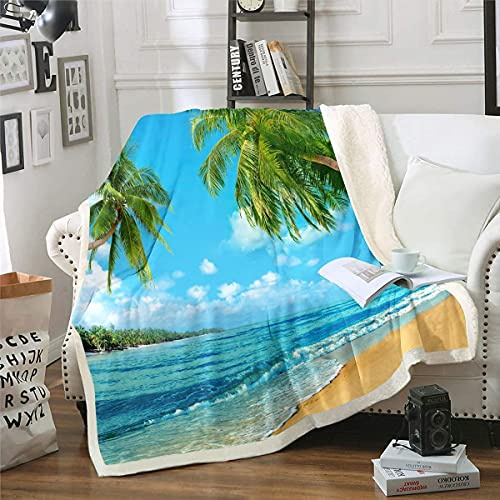 Homemissing Ozean Strand ThemanDecke 150x200cm Tropisch Palme Kuscheldecke für Schlafsofa Couch Damen Blau Meer Flanell Fleecedecke Hawaiian Sommer Warm Wohndecke Schlafzimmer Dekor