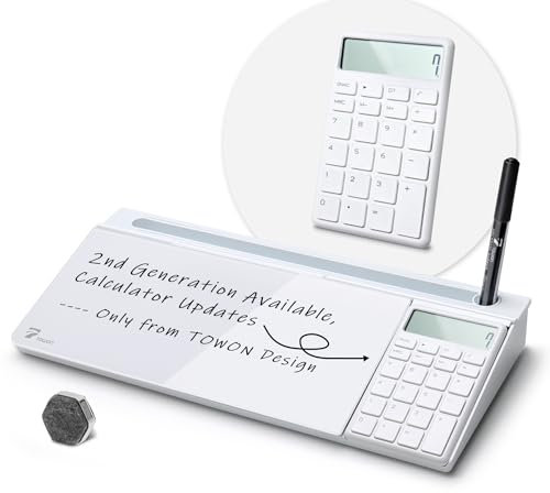 TOWON Desktop Glass Whiteboard with Basic Calculator, 12 Digit LCD Display, Desk Organizers with Accessories for Office, Home, School Supplies, Storage with Dry Erase Board Surface, White, 18'' x 6''