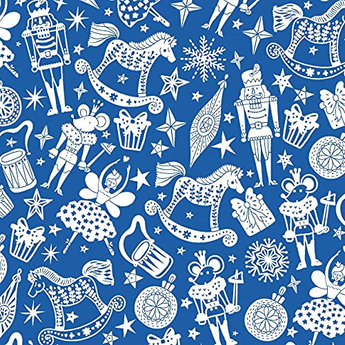 Polycotton Fabric Cracking Christmas Nutcracker Toys Festive Gifts Presents Xmas - Blue (Per Metre)