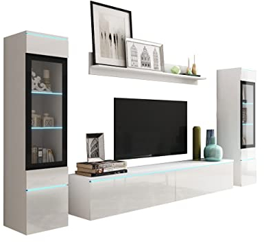 Mirjan24 Wohnwand Doppo II, Schrankwand, griffloses Öffnen, Anbauwand, Fernsehschrank, Mediawand, Wandregal, TV-Lowboard, 2X Hängevitrine (Weiß/Weiß Hochglanz, mit weißer LED Beleuchtung)