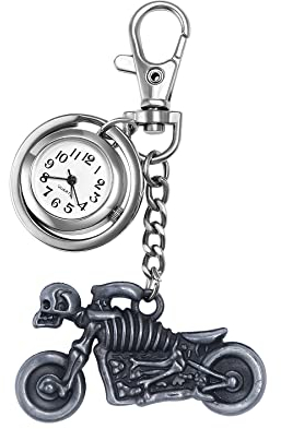 Silverora Schlüsselanhänger Uhr mit Totenkopf Schädel Motorrad Charm für Damen Herren Taschenuhr mit Schlüsselschließe Pocket Taschenuhr Ansteckuhr Rucksack Sport Easy Carry