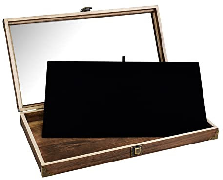 MOOCA Présentoir à bijoux en bois avec plateau en verre pour objets de collection, boîte de rangement avec fermoir en métal, tampon en velours noir et protection des coins, couleur marron