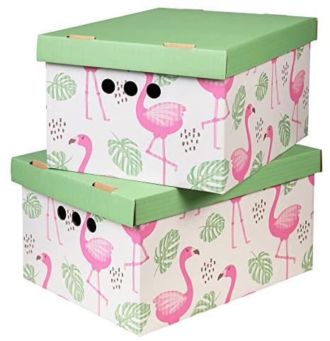 Cardboard Storage Boxes with Lid, Decorative Wardrobe, Closet, Home & Office Organiser with Handle, Flat-Packed, Stackable File Box, Gift for Adults & Kids, Set of 2, XLarge - Flamingos and leaves