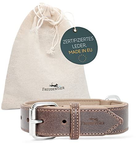 FREUDENTIER Hundehalsband aus Leder, Made in Holland, gefüttert & super komfortabel, hochwertiges breites Lederhalsband aus Vollnarbenleder, Model “Amstelpark” (47-57cm Halsumfang, Dark Chocolate)