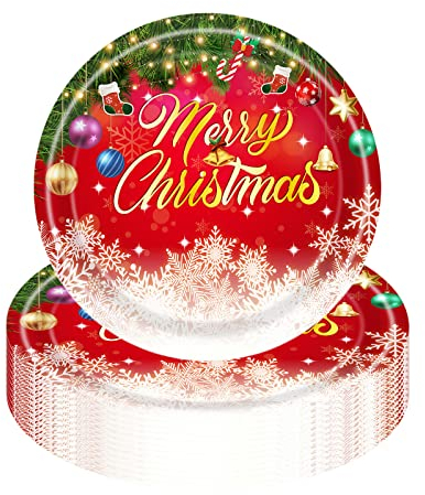 YAAVAAW 16Pcs Christmas Party Paper Plates 23cm,Merry Christmas Tableware Decor Red Snow Xmas Tree Pattern Disposable Paper Plate Xmas Plates for Birthday Christmas Party Supplies Table Decorations