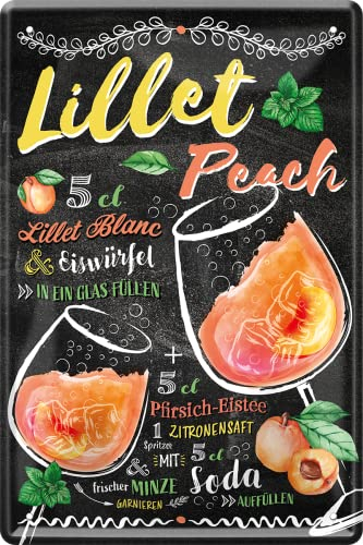 WOGEKA ART Retro Blechschild - LILLET Peach - Cocktail Rezept als Geschenk-Idee zum Geburtstag Weihnachten zur Deko für Haus-Bar Pub Kneipe 20x30 cm Vintage-Design Metall 549