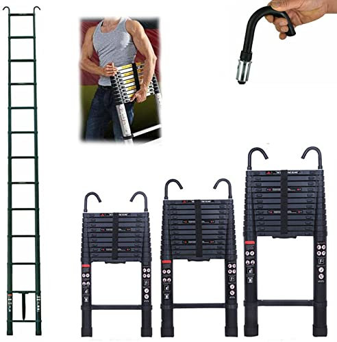 Scala telescopica in alluminio, 3,8 m, con gancio, pieghevole, multiuso, allungabile, 12 gradini, antiscivolo, 150 kg/330 kg, colore: nero