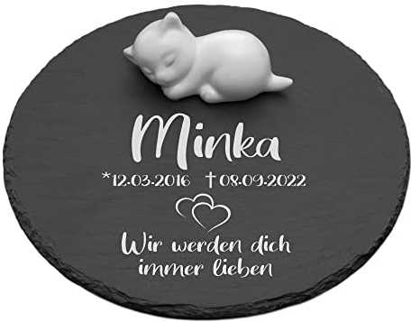 kultdog Grabstein aus Schiefer mit Katze - Gedenkstein mit Gravur - Tiergrabstein - Gedenkstein personalisiert - Trauer, Erinnerung, Andenken - Haustier Grabschmuck - Herz