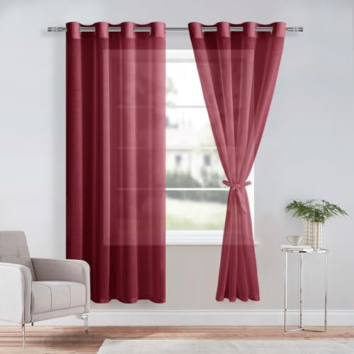 DWCN 2er Set Sheer Voile Vorhänge mit Ösen Transparente Gardinen für Schlafzimmer Kinderzimmer Wohnzimmer, Weinrot, 225x140cm(HxB)