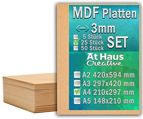 AtHaus MDF SET 25 x A4-297 x 210mm Holz-Platten 3mm Dünne Holzplatten Zuschnitt zum Basteln, Bemalen, Modellierung, Gravur, Perfekt für Laser, CNC Router