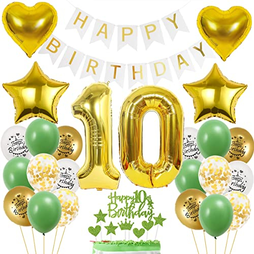 10. Geburtstag Dekoration, Mädchen Geburtstagsdeko 10 Jahre, Tortendeko Geburtstag 10 Jahre Mädchen, 10 Deko Grün Gold, Luftballon 10. Geburtstagsdeko mit 10. Tortendeko