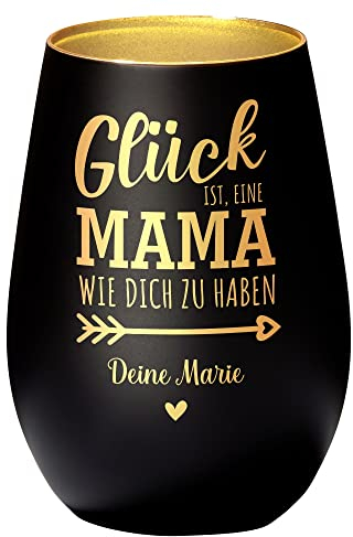 4you Design Windlicht Personalisiert mit Namen Glück ist eine Mama..(Metall-Schwarz-Gold), Teelichthalter als Geschenk für die Beste Mutter, Mütter Geburtstagsgeschenk