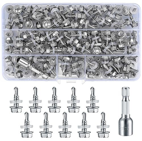 150 Pièces Vis Autoperceuse à Tête Hexagonale, M4,8 x 16 mm Vis Autoforeuse Acier Inoxydable Métal à Tête de Rondelle Hexagonale, Vis Autotaraudeuses pour Meubles en Bois en Métal