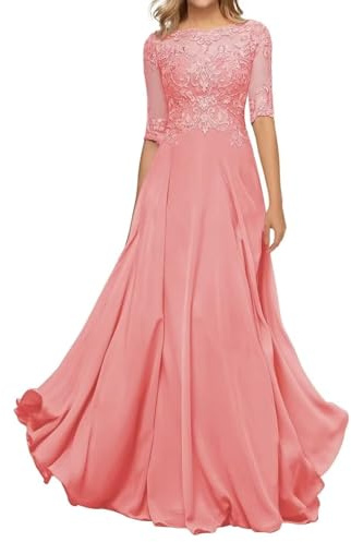 HYEC7 Women's Lace Appliques Mother of The Bride Dresses 3/4 Sleeve Long Formal Evening Dresses A Line Prom Dress Coral