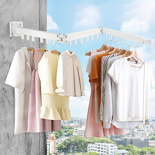 SWAWIS Wäscheständer Wandmontage Kleiderstange 120cm Ausziehbar Klappbar Wäscheständer Kleiderstange Wand mit 18 Haken für Balkon, Wäsche, Badezimmer, Schlafzimmer, DREI Falten, Weiß