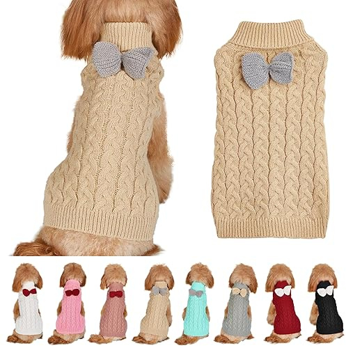 Hundepullover Weste Hund Rollkragenpullover Schleife Stricken Kleine Hundepullover Warme Hunde Winterkleidung Pullover Hundemantel Weihnachtskostüm für Hunde Katzen (Khaki, XL)